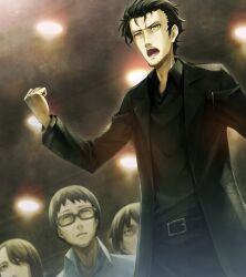1girl 3boys adam&#039;s_apple annoyed beard_stubble belt belt_buckle black_cardigan black_hair black_jacket black_pants black_shirt breast_pocket buckle cardigan clenched_hand collared_shirt facial_hair game_cg hand_up highres huke jacket lapels leather_belt multiple_boys narrowed_eyes non-web_source notched_lapels object_in_pocket official_art okabe_rintarou okabe_rintarou_(beta) open_mouth pants pen_in_pocket pocket raised_fist ringed_eyes shirt short_hair square_pupils standing steins;gate steins;gate_0 stubble tongue yellow_eyes