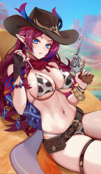 belt bikini blue_eyes breasts chasca_(genshin_impact) cowboy_hat cowgirl_outfit cowprint elf foxyreine genshin_impact gun handgun hat large_breasts long_hair mole pointy_ears red_hair revolver scarf swimsuit thick_thighs thigh_strap thighs weapon