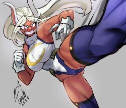 1girl absurdres animal_ears bare_shoulders boku_no_hero_academia breasts breath cowboy_shot dark-skinned_female dark_skin dated grey_background grey_hair highleg highleg_leotard highres kicking large_breasts leotard long_hair mirko parted_lips rabbit_ears rabbit_girl red_eyes signature simple_background smirk solo tan teeth yoo_tenchi