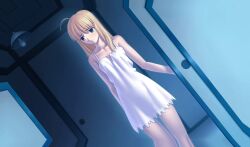Rule 34 | 1girl, ahoge, artoria pendragon (fate), blonde hair, blush, breasts, closed mouth, fate/stay night, fate (series), frown, game cg, green eyes, highres, indoors, lingerie, long hair, nervous, nightgown, official alternate costume, official art, saber (fate), solo, standing, takeuchi takashi, underwear