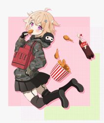 1girl absurdres ahoge bad_tag black_boots black_gloves black_shirt black_skirt black_thighhighs blonde_hair boots border bucket_of_chicken bulletproof_vest camouflage camouflage_jacket chicken_(food) chicken_leg child cola collared_shirt commentary_request drop_shadow fingerless_gloves food fried_chicken garter_straps gloves hair_bobbles hair_ornament hairclip hand_up heart heart_hair_ornament highres holding holding_food hood hooded_jacket indie_virtual_youtuber jaal_art jacket light_blush looking_at_viewer military_uniform outside_border pink_background pleated_skirt polka_dot polka_dot_background bad_tag purple_eyes raised_eyebrows red_vest shirt short_hair skirt soda soda_bottle solo spanish_commentary sylvie_ruru thighhighs two_side_up vest virtual_youtuber white_border wing_hair_ornament zettai_ryouiki