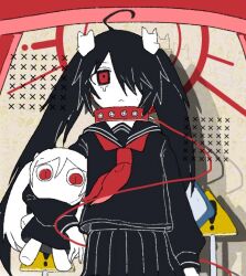 1girl ahoge black_hair black_sailor_collar black_serafuku black_shirt black_skirt closed_mouth collar doll hair_ornament hair_over_one_eye holding holding_doll leash long_hair long_sleeves neckerchief one_eye_covered original red_collar red_eyes red_neckerchief road_sign sailor_collar school_uniform serafuku shirt sign skirt solo standing tears twintails upper_body warning_sign yano_0o0