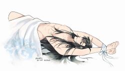 1boy abs alternate_hairstyle arms_up artist_name bdsm bed_sheet bishounen bite_mark black_hair blanket blush bondage bound bound_wrists commentary english_commentary grey_eyes groin hair_down hickey highres implied_yaoi long_hair lying male_focus minataka94 modao_zushi nipples nude on_back on_bed parted_lips pectorals ribbon ribbon_bondage simple_background smile solo topless_male twitter_username under_covers wei_wuxian white_background white_ribbon