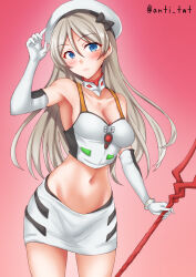 1girl anti_(untea9) ayanami_rei ayanami_rei_(cosplay) blue_eyes blush breasts cleavage cosplay cowboy_shot elbow_gloves gloves grey_hair highres jacket javelin_(kancolle) kantai_collection long_hair looking_at_viewer medium_breasts midriff navel neon_genesis_evangelion race_queen skirt smile solo white_gloves