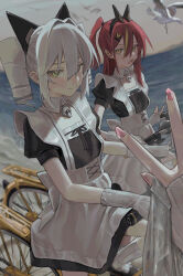 2girls absurdres apron arm_warmers bicycle bird breasts detached_collar drill_hair green_eyes grey_hair heterochromia highres long_hair looking_at_viewer maid maid_apron multiple_girls neon_(saaal653) ocean original radon_(saaal653) red_eyes red_hair riding riding_bicycle saaal653 seagull small_breasts twin_drills water yellow_eyes