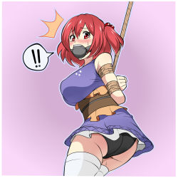 ! !! 1girl ^^^ arms_behind_back ass ball_gag bdsm black_panties bondage bound breasts cleave_gag cloth_gag female_focus gag gagged hair_bobbles hair_ornament highres improvised_gag jam-orbital knot_gag large_breasts obi onozuka_komachi panties pantyshot red_eyes red_hair rope sash shibari short_hair short_twintails solo sweatdrop tears thighhighs touhou twintails two_side_up underwear white_thighhighs