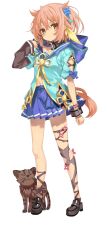 1girl animal aqua_shirt asymmetrical_shirt black_shoes black_sleeves blue_skirt detached_sleeves full_body hair_between_eyes hair_ornament highres hooded_shirt iriomotejima_yaeka miniskirt official_art onsen_musume pink_hair pleated_skirt shino_(eefy) shirt shoes simple_background single_detached_sleeve skirt sleeves_past_wrists solo standing tan transparent_background yellow_eyes