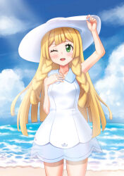 1girl ;d arm_up blonde_hair blush braid cloud collared_dress commentary_request day dress els_(ljhlee12) eyelashes green_eyes hand_on_headwear hand_up hat highres korean_commentary lillie_(pokemon) long_hair nintendo one_eye_closed open_mouth outdoors pokemon pokemon_sm sand shore sky sleeveless sleeveless_dress smile solo sun_hat twin_braids water white_dress white_hat