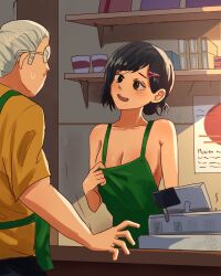 Rule 34 | 1boy, 1girl, absurdres, apron, artist name, black eyes, black hair, black pants, blush, breasts, cafe, cash register, collarbone, cup, disposable coffee cup, disposable cup, facial hair, glasses, hair ornament, hairclip, highres, holding apron, husband and wife, iced latte with breast milk (meme), looking at another, medium breasts, meme, mustache, naked apron, no mole, open mouth, pants, pluvion, sakamoto aoi (sakamoto days), sakamoto days, sakamoto taro, shirt, smile, solo, standing, white hair, yellow shirt