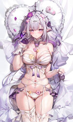 1girl absurdres adapted_costume akizero1510 bare_shoulders bed black_tiara blush bow bra breasts bug butterfly castorice_(honkai:_star_rail) commentary_request flower garter_straps gloves gluteal_fold groin hair_bow hair_flower hair_ornament half_gloves heart heart-shaped_pillow highres honkai:_star_rail honkai_(series) insect large_breasts long_hair looking_at_viewer lying navel on_back on_bed paid_reward_available panties parted_lips pillow pink_flower pointy_ears purple_bow purple_butterfly purple_eyes purple_gloves purple_hair purple_petals showgirl_skirt skirt solo stomach thighhighs thighs tiara underwear very_long_hair white_bra white_garter_straps white_panties white_skirt white_thighhighs