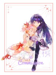 2girls akemi_homura akemi_homura_(magical_girl) bingyuqin black_hairband boots closed_eyes closed_mouth dress gloves hair_ribbon hairband highres hug kaname_madoka kaname_madoka_(magical_girl) long_hair looking_at_another mahou_shoujo_madoka_magica multiple_girls pink_dress pink_hair pink_ribbon purple_boots purple_dress purple_eyes purple_hair red_shoes ribbon shoes short_twintails sidelocks simple_background thigh_boots twintails white_background white_gloves