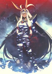 Rule 34 | 1girl, absurdly long hair, ancient egyptian clothes, animal ears, ankh, ankh necklace, bandages, black bandages, blue hair, blue headband, blue skin, breasts, closed mouth, colored inner hair, colored skin, dark-skinned female, dark skin, earrings, expressionless, facial mark, fate/grand order, fate (series), floating hair, full body, game cg, glowing skin, gold earrings, hair between eyes, hands up, headband, high collar, hoop earrings, implied extra ears, jackal ears, jewelry, legs apart, light particles, long hair, long sidelocks, looking at viewer, low-tied long hair, low-tied sidelocks, medium breasts, multicolored hair, multicolored skin, naked bandage, nitocris (fate), nitocris alter (fate), nitocris alter (first ascension) (fate), official art, pyramid (structure), shima udon, sidelocks, solo, standing, streaked hair, third-party source, two-tone headband, two-tone skin, underbust, variant set, very dark skin, very long hair, white hair, yellow eyes, yellow headband