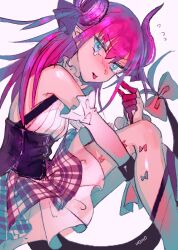 1girl artist_name blue_eyes detached_sleeves elizabeth_bathory_(fate) fate/grand_order fate_(series) feet_out_of_frame frilled_sleeves frills highres horns index_finger_raised long_hair looking_at_viewer pointy_ears purple_hair purple_horns simple_background solo tears tongue tongue_out ueno_zousui white_background white_sleeves
