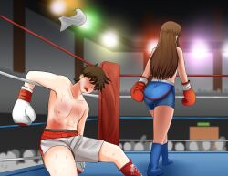 1boy 1girl ass azayakasket boxing boxing_gloves defeat humiliation tagme