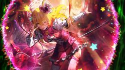 1girl armband blonde_hair blood blood_on_body blood_on_clothes blood_on_face blood_on_hands bow don_quixote_(project_moon) dress e.g.o_(project_moon) frilled_sleeves frills game_cg hair_ornament heart heart_hair_ornament highres in_the_name_of_love_and_hate_(e.g.o) limbus_company lobotomy_corporation lobotomy_corporation_(identity)_(project_moon) long_hair magic_circle nai_ga official_art one_eye_closed pink_bow pink_nails project_moon solo staff star_(symbol) tongue tongue_out twintails v wings yellow_eyes