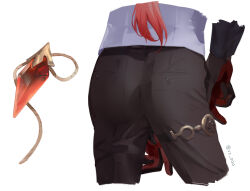 1boy ass black_gloves black_pants diluc_(genshin_impact) earrings from_behind genshin_impact gloves highres jewelry long_hair lower_body male_focus multicolored_gloves pants pocket red_hair shirt simple_background solo thigh_strap twitter_username vc_ooo white_background white_shirt