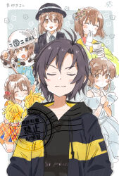:3 aoaoaoaoiao blue_dress bob_cut border bowler_hat braid brown_eyes brown_hair cheerleader closed_eyes construction_worker cup dress formal_clothes gloves hagiwara_yukiho hair_ornament hair_ribbon hairpin hard_hat hat helmet highres hood hoodie idolmaster idolmaster_(classic) japanese_clothes kikuchi_makoto kimono light_blush multiple_views parted_bangs pom_pom_(cheerleading) ribbon shovel skirt suit teacup white_border white_gloves yellow_kimono