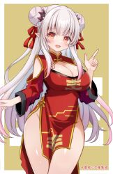 1girl armored_core armored_core_vi:_fires_of_rubicon blush braid braided_bun breasts china_dress chinese_clothes cleavage_cutout clothing_cutout cosplay dafeng_nyan-nyan dafeng_nyan-nyan_(cosplay) daysss double_bun dress hair_bun hair_ribbon hairstyle_connection highres index_finger_raised indie_virtual_youtuber large_breasts long_hair long_sleeves looking_at_viewer no_panties open_mouth orange_eyes pointy_ears ribbon solo suou_patra very_long_hair virtual_youtuber white_hair