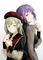2girls absurdres amoris_(bang_dream!) ave_mujica_(bang_dream!) back-to-back bang_dream! bang_dream!_it&#039;s_mygo!!!!! beret commentary earrings english_commentary grey_hair hat highres jewelry knew_nothing light_blush long_hair looking_at_another mortis_(bang_dream!) mortis_(costume)_(bang_dream!) multiple_girls purple_eyes purple_hair red_hat red_nails short_hair simple_background smile wakaba_mutsumi yellow_eyes yuutenji_nyamu