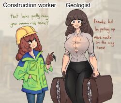 2girls absurdres bra_visible_through_clothes breasts brown_eyes bursting_breasts centurii-chan cleavage engineer_(centurii-chan) english_text hand_in_pocket hard_hat helmet highres key large_breasts long_hair looking_at_viewer multiple_girls muscular muscular_arms muscular_female original rock tall_female veins
