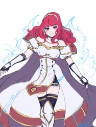 1girl black_thighhighs blunt_bangs breasts cape celica_(fire_emblem) cleavage dress earrings fire_emblem fire_emblem_heroes highres jewelry nintendo off_shoulder red_eyes red_hair smile solo thighhighs wavy_hair white_background white_dress yumikari07