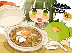 1girl bird blush braid chinese_spoon cooking_pot drooling food fried_egg fuu_(ozu_(oz_yarimasu)) green_bird green_eyes green_hair guu_(ozu_(oz_yarimasu)) hair_bobbles hair_ornament highres holding holding_lid medium_hair mouth_drool noodles open_mouth original ozu_(oz_yarimasu) soup twin_braids udon
