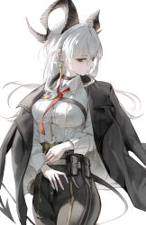 1girl absurdres black_choker black_horns black_jacket black_pants black_tail breasts chest_harness choker closed_mouth collared_shirt commentary cowboy_shot curled_horns earrings harness high-waist_pants highres horns hwan_(user_cvmy2758) jacket jacket_on_shoulders jewelry key_earrings large_breasts long_hair looking_at_viewer necktie pants red_eyes red_necktie shirt shirt_tucked_in solo white_hair white_shirt wuthering_waves zani_(wuthering_waves)