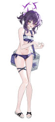 1girl absurdres alternate_costume bare_legs bikini blue_archive breasts commentary_request cooler halo haruka_(blue_archive) highres korean_commentary legs navel pink_hair purple_bikini purple_hair purple_halo sandals short_hair simple_background small_breasts solo stomach swimsuit thaba thigh_strap toenails toes white_background