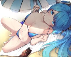 1girl areola_slip barefoot beach_towel beach_umbrella bikini bikini_pull blue_eyes blue_hair breasts closed_mouth clothes_pull ddangbi korean_commentary large_breasts league_of_legends long_hair looking_at_viewer lotion lotion_bottle lying navel on_back pulling_own_clothes sona_(league_of_legends) stomach strap_pull suggestive_fluid swimsuit towel twintails umbrella undressing wavy_mouth wet