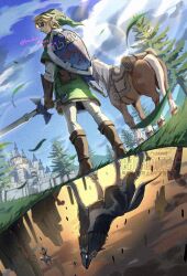 1boy 1girl adversarial_noise blonde_hair blue_sky boots brown_footwear castle falling_leaves green_hat green_tunic hat highres holding holding_sword holding_weapon horse hylian_shield korokoro_nekoz leaf link looking_back master_sword midna nintendo on_grass outdoors shield sky standing sword the_legend_of_zelda the_legend_of_zelda:_twilight_princess tunic twitter_username watermark weapon wolf_link