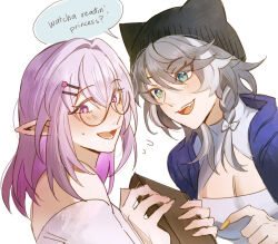2girls alternate_costume aqua_eyes bare_shoulders bespectacled black_hat breasts castorice_(honkai:_star_rail) cipher_(honkai:_star_rail) cleavage commentary dadadabibadum glasses grey_hair hair_intakes hat highres honkai:_star_rail honkai_(series) multiple_girls off-shoulder_shirt off_shoulder pink_eyes pink_hair shirt simple_background speech_bubble white_background