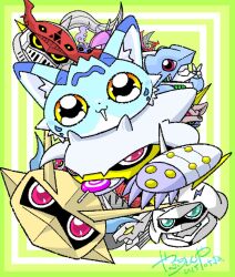 Rule 34 | blue fur, body fur, candy, chibi, craniummon, dated, digimon, digimon (creature), duftmon, dukemon, food, gankoomon, green eyes, group picture, hiragana digimon royal knights monogatari, jesmon, knight, lollipop, lordknightmon, magnamon, omegamon, release celebration, signature, simple background, ulforcev-dramon, wanyamon, yabuno ten&#039;ya, yellow eyes