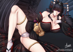 1girl adsouto black_hair black_kimono black_wings blunt_bangs breasts cleavage dead_or_alive feathered_wings geta hat highres hime_cut japanese_clothes kimono large_breasts long_hair looking_at_viewer nyotengu purple_eyes smile solo tokin_hat wings