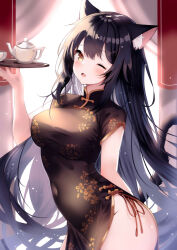 1girl ;d absurdres animal_ear_fluff animal_ears black_dress black_hair blush breasts cat_ears cat_girl cat_tail china_dress chinese_clothes commentary_request covered_navel cup dress highres himura_moritaka holding holding_tray large_breasts long_hair looking_at_viewer no_panties one_eye_closed open_mouth original short_sleeves side_slit smile solo tail teacup teapot thighs tray very_long_hair
