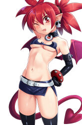 Rule 34 | 1girl, arm behind head, armpits, bra, breasts, bursting breasts, cleavage, demon girl, demon tail, disgaea, etna (disgaea), hand on own hip, highres, legs, looking at viewer, medium breasts, medium hair, midriff, model pose, navel, nico-mo, one eye closed, pointy ears, red eyes, red hair, skirt, smile, solo, strapless, strapless bra, tail, thighs, toned, tongue, tongue out, twintails, underboob, underwear, wink