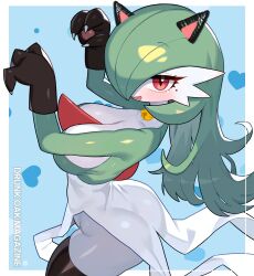 1girl absurdres animal_hands black_gloves black_thighhighs blue_background blush breasts commentary_request drunkoak fang gardevoir gen_3_pokemon gloves green_hair highres korean_commentary large_breasts long_hair looking_at_viewer mole mole_under_eye nintendo open_mouth paw_gloves pokemon pokemon_(creature) red_eyes smile thighhighs thighs
