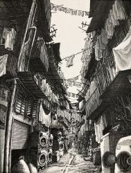 Rule 34 | absurdly detailed composition, alley, apartment, balcony, building, complex exterior, graphite (medium), greyscale, highres, ibsukionsen, monochrome, no humans, original, scenery, sliding doors, traditional media, trash bag, washing, washing machine