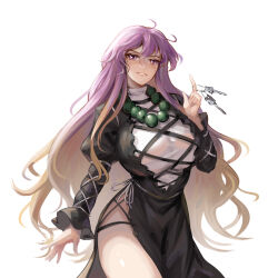 1girl absurdres bead_necklace beads black_dress blonde_hair breasts commentary dress edz_drawz gradient_hair hair_between_eyes hand_up highres hijiri_byakuren holding holding_key jewelry key large_breasts long_hair long_sleeves looking_at_viewer multicolored_hair necklace purple_eyes purple_hair smile solo teeth thighs touhou two-tone_dress very_long_hair white_background white_dress