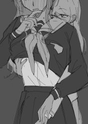 Rule 34 | 2girls, absurdres, bang dream!, bang dream! it&#039;s mygo!!!!!, blush, chihaya anon, clothes lift, ear blush, greyscale, hand under clothes, hand under shirt, haneoka school uniform, highres, long hair, long sleeves, monochrome, multiple girls, nagasaki soyo, neckerchief, parted lips, pleated skirt, sailor collar, school uniform, shirt, shirt lift, skirt, tsukinomori school uniform, yamakyo 0813, yuri