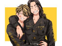 2boys ^_^ arm_around_shoulder baji_keisuke bell belt black_belt black_hair black_jacket blonde_hair blood blood_on_face breast_pocket bruise closed_eyes earrings grin hair_over_one_eye hanemiya_kazutora hug injury jacket jewelry long_hair long_sleeves male_focus mole mole_under_eye multicolored_hair multiple_boys pocket short_hair single_earring smile teeth tokyo_revengers tonshi two-tone_hair yellow_background