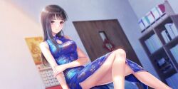 Rule 34 | 1girl, above-cleavage cutout, bare arms, bare legs, bare shoulders, black hair, blue dress, blue reflection (series), blue reflection sun, book, bookshelf, breasts, calendar (object), china dress, chinese clothes, closed mouth, clothing cutout, dress, dutch angle, floral print, floral print dress, game cg, hand on own arm, highres, indoors, kishida mel, legs, looking at viewer, medium breasts, non-web source, official art, print dress, purple eyes, side slit, sign, sleeveless, sleeveless dress, solo, straight hair, thighs, wooden door, xiao meiqi