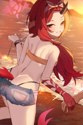 1boy 1girl absurdres bangs_pinned_back bare_arms bare_shoulders bikini blue_archive colored_skin commentary_request denim denim_shorts dragon_girl dragon_horns dragon_tail from_behind hairband highres holding holding_fireworks holding_hands horns long_hair looking_at_viewer mi_taro333 multicolored_skin ocean official_alternate_costume official_alternate_hairstyle orange_hairband red_eyes red_hair red_skin renge_(blue_archive) renge_(swimsuit)_(blue_archive) short_shorts shorts sidelocks single_horn solo_focus swimsuit tail wristband yellow_bikini