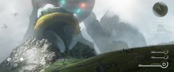 absurdres asteroid_ill fake_screenshot falling gen_3_pokemon gen_4_pokemon giant grabbing grass heads-up_display health_bar highres legendary_pokemon lying minimap mountain mountainous_horizon nintendo on_back pokemon pokemon_(creature) ponytail regigigas scenery size_difference translation_request tropius user_interface zigzagoon
