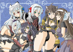 6+girls armor armored_boots ass assassin_(ragnarok_online) assassin_cross_(ragnarok_online) bandages_over_clothes bikini_armor black_gloves black_hairband black_leotard black_panties black_socks black_thighhighs blue_background blue_eyes blush boots bow breasts brown_hair closed_mouth commentary_request elbow_gloves feathered_wings feet_out_of_frame gloves green_eyes guillotine_cross_(ragnarok_online) hair_bow hairband head_wings large_breasts leotard long_hair looking_at_viewer medium_breasts monou0135 multiple_girls open_mouth orange_eyes panties pants pauldrons purple_bow purple_eyes purple_pants purple_shirt ragnarok_online red_armor red_eyes red_scarf revealing_clothes scarf shirt shoulder_armor shrug_(clothing) sleeveless sleeveless_shirt smile socks thighhighs underwear vambraces visor_(armor) white_hair white_hairband white_wings wings yellow_eyes