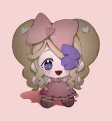 blonde_hair blue_eyes blush bow character_doll colored_eyepatch doll dress eyepatch footwear_bow frilled_wrist_cuffs frills happy harime_nui heart kill_la_kill long_hair pink_background pink_bow pink_dress pink_shoes pink_wrist_cuffs shadow shoes supertr37539983 twintails wrist_cuffs