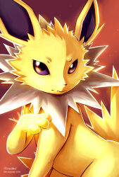 animal_focus closed_mouth commentary electricity electrokinesis english_commentary full_body gen_1_pokemon gradient_background highres jolteon light_particles looking_at_viewer nintendo no_humans pokemon pokemon_(creature) purple_eyes solo vermeilbird