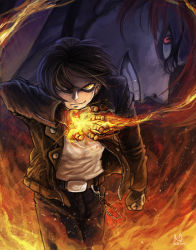 Rule 34 | 2boys, brown eyes, brown hair, choker, cporing, fingerless gloves, fire, gloves, grin, hair over one eye, highres, jacket, kusanagi kyou, male focus, multiple boys, pants, pyrokinesis, red hair, short hair, smile, smirk, snk, the king of fighters, the king of fighters xiii, yagami iori