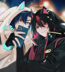 2boys animal_ear_hood black_arms_insignia black_gloves black_hair black_jacket black_shirt blue_hair blurry blurry_background bright_pupils cellphone closed_mouth commentary covered_mouth crossed_arms fake_animal_ears fingerless_gloves frown glint gloves green_eyes hair_between_eyes highres holding holding_phone hood hood_up hooded_jacket humanization jacket long_sleeves looking_at_viewer male_focus medium_hair multicolored_hair multiple_boys phone print_shirt red_eyes red_hair satosi_peter shadow_the_hedgehog shirt short_hair smartphone sonic_(series) sonic_the_hedgehog streaked_hair symbol-only_commentary taking_picture two-tone_hair upper_body white_jacket white_pupils