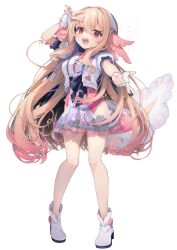 1girl :d arm_up axolotl_ears axolotl_girl axolotl_tail black_bow black_ribbon black_sash bow breasts colored_tips commentary_request cropped_jacket dated drawstring fingerless_gloves floral_print frilled_sleeves frills full_body gloves gunjou_row hair_between_eyes hairband hand_up high_heels highres jacket light_brown_hair long_hair looking_at_viewer lottie_shinju multicolored_hair open_mouth pink_hair pixellink pointing pointing_at_viewer puffy_short_sleeves puffy_sleeves red_eyes red_nails ribbon sash seashell shell short_sleeves signature simple_background smile standing teeth upper_teeth_only v v_over_eye very_long_hair virtual_youtuber white_background white_footwear white_gloves white_hairband white_jacket