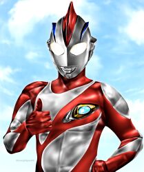 1boy alien blue_sky cloud cloudy_sky color_timer colored_skin commentary compound_eyes dorsal_fin glowing glowing_eyes hand_on_own_hip hand_up hanejidyna86 highres looking_at_viewer male_focus multicolored_skin no_pupils outdoors pectorals red_skin silver_skin sky solo thumbs_up tokusatsu toned toned_male twitter_username two-tone_skin ultra_series ultraman_nice ultraman_nice_(series) upper_body white_eyes wrinkled_skin